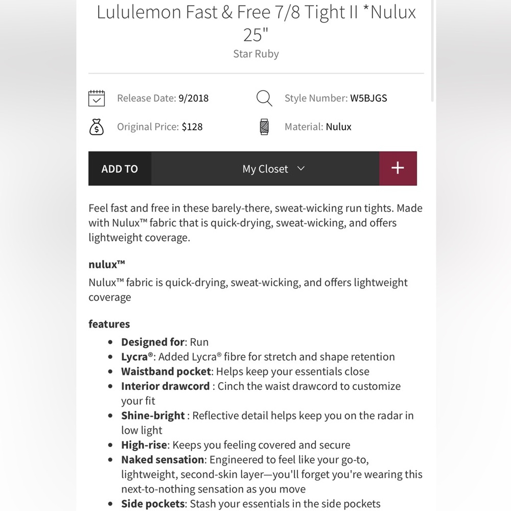 Lululemon Fast & Free 7/8 Tight II *Nulux 25" Color: Star Ruby Size: 6 - Picture 16 of 16